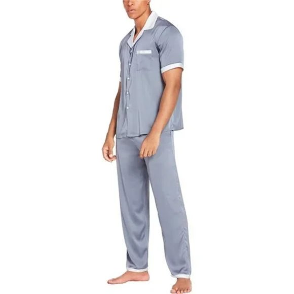 Men Silk Satin Pajamas Set Short Sleeve Light Gray - Picture 3 of 8